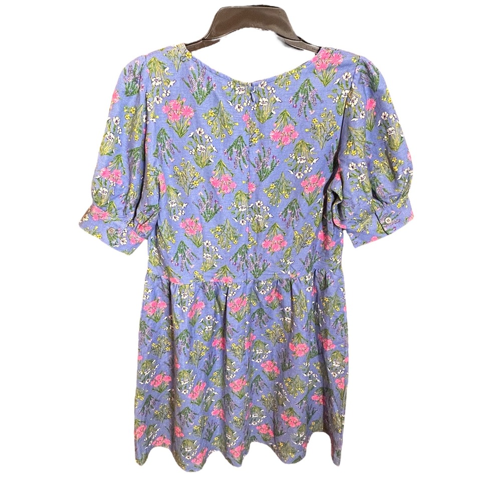 NWT LOFT Size 2 Floral Babydoll Dress Puff Sleeve Blue Linen Cottagecore - Picture 4 of 12